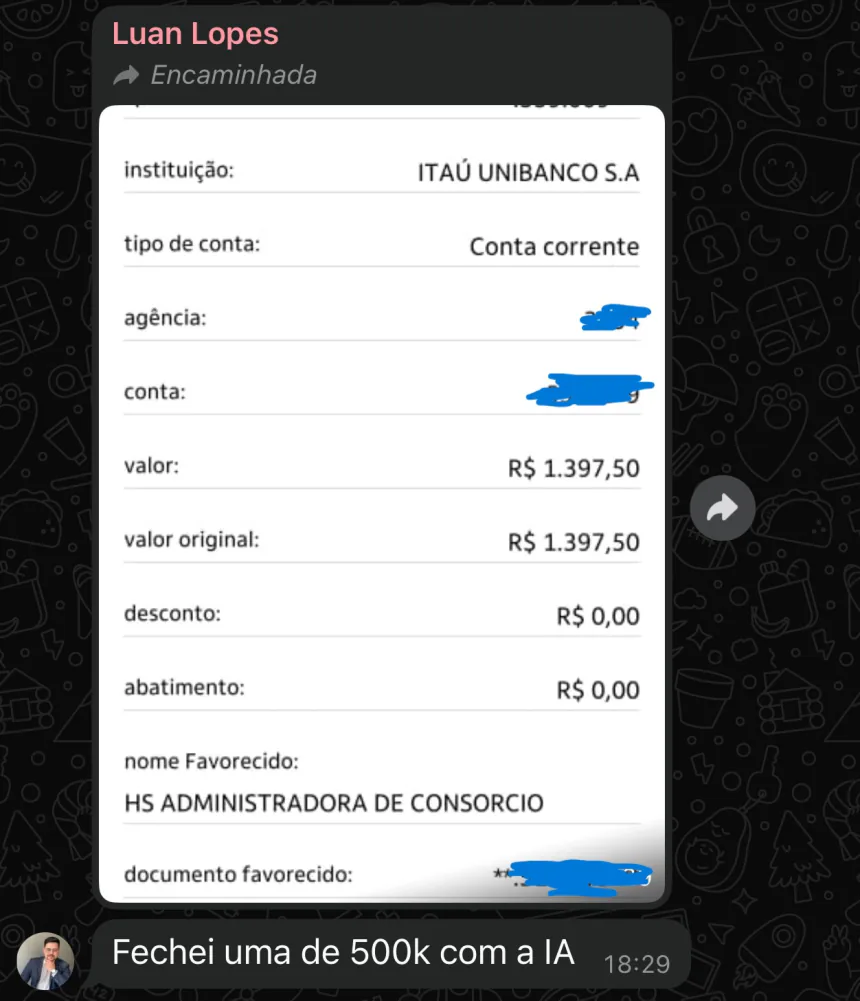 Luan Lopes: fechei uma de 500k com a IA, com o comprovante da administradora